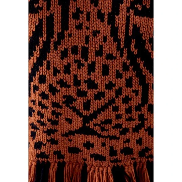 Farm Rio Leopard Fringe Sweater S Turtleneck Pullover Brown Black Knit Wool New - Picture 10 of 11
